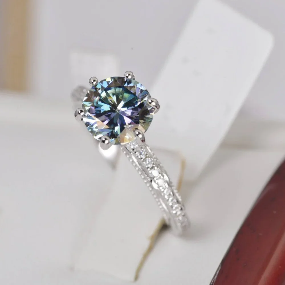 Moissanite 2.0 ct Rainbow Blue Engagement Ring 925